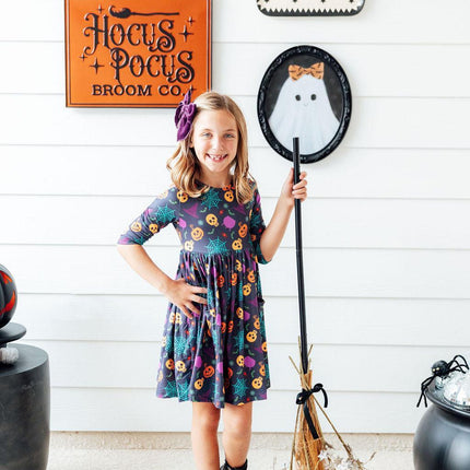 Skeleton Web 3/4 Sleeve Pocket Twirl Dress