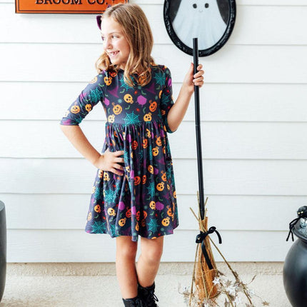 Skeleton Web 3/4 Sleeve Pocket Twirl Dress