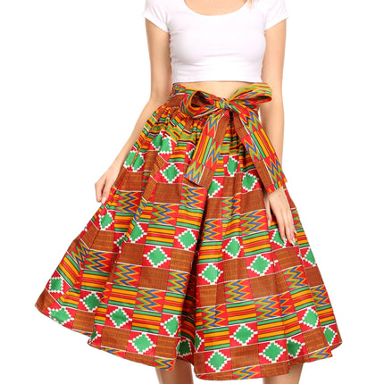Sakkas Ama Women's Vintage Circle African Ankara Print Midi Skirt with Pockets