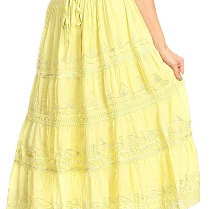 Sakkas Solid Embroidered Crochet Lace Trim Gypsy Bohemian Mid Length Cotton Skirt
