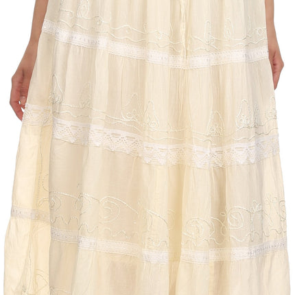 Sakkas Solid Embroidered Crochet Lace Trim Gypsy Bohemian Mid Length Cotton Skirt