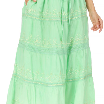 Sakkas Solid Embroidered Crochet Lace Trim Gypsy Bohemian Mid Length Cotton Skirt