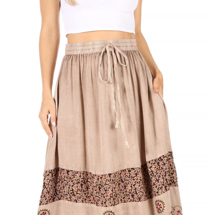 Sakkas Sandra Women's Casual Long Maxi Boho Gypsy Skirt Elastic Waist & Pockets