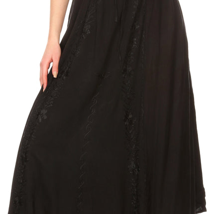 Sakkas Maran Women's Boho Embroidery Skirt with Lace Elastic Waist and Pockets