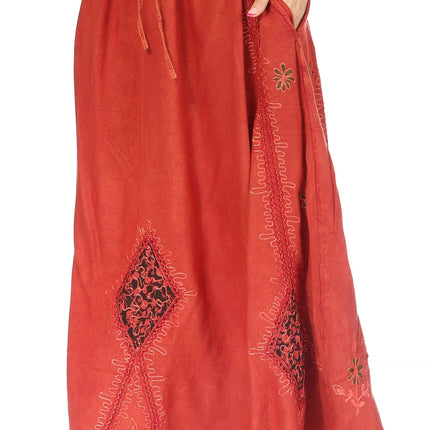 Sakkas Zarah Women's Boho Embroidery Gypsy Skirt with Lace Elastic Waist Pockets