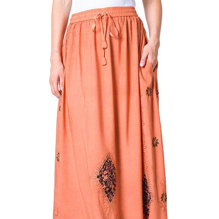Sakkas Zarah Women's Boho Embroidery Gypsy Skirt with Lace Elastic Waist Pockets