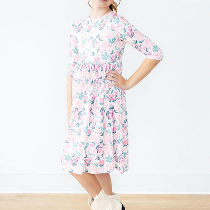 Softly Blooming 3/4 Sleeve Pocket Twirl Dress