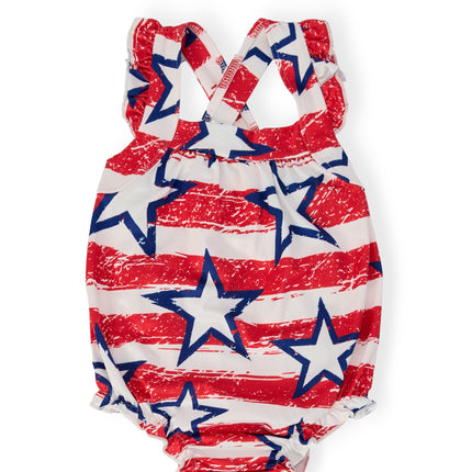 Stars & Stripes Ruffle Cross Back Romper