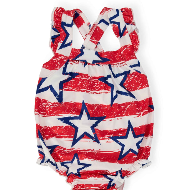Stars & Stripes Ruffle Cross Back Romper