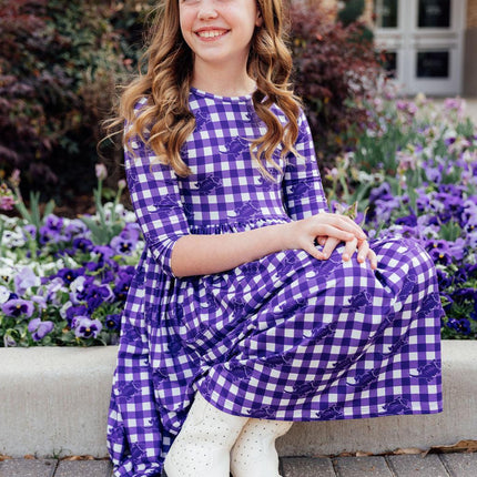 TCU Plaid Frog 3/4 Sleeve Pocket Twirl Dress