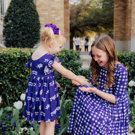TCU Plaid Frog 3/4 Sleeve Pocket Twirl Dress