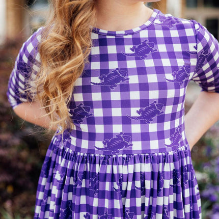 TCU Plaid Frog 3/4 Sleeve Pocket Twirl Dress