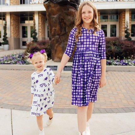 TCU Plaid Frog 3/4 Sleeve Pocket Twirl Dress