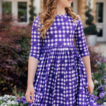 TCU Plaid Frog 3/4 Sleeve Pocket Twirl Dress