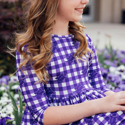 TCU Plaid Frog 3/4 Sleeve Pocket Twirl Dress