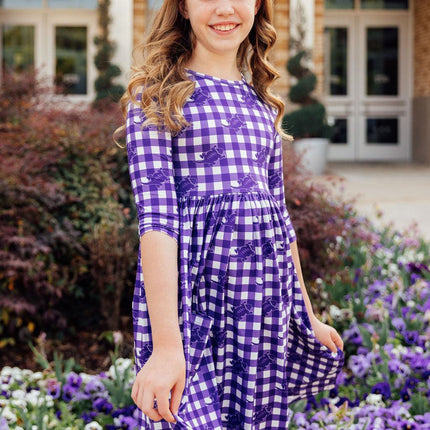 TCU Plaid Frog 3/4 Sleeve Pocket Twirl Dress