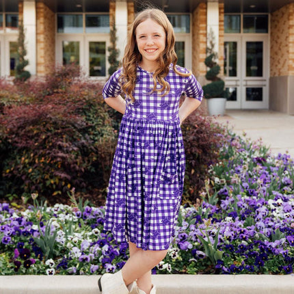 TCU Plaid Frog 3/4 Sleeve Pocket Twirl Dress