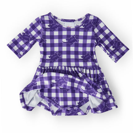 TCU Plaid Frog 3/4 Sleeve Twirl Bodysuit