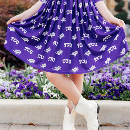 TCU Purple Frog 3/4 Sleeve Pocket Twirl Dress