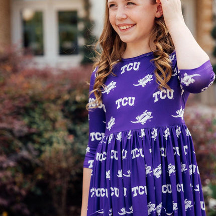 TCU Purple Frog 3/4 Sleeve Pocket Twirl Dress