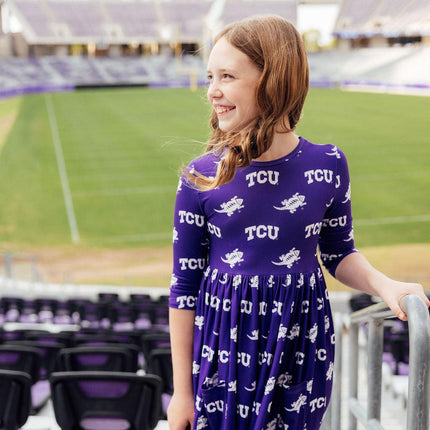 TCU Purple Frog 3/4 Sleeve Pocket Twirl Dress