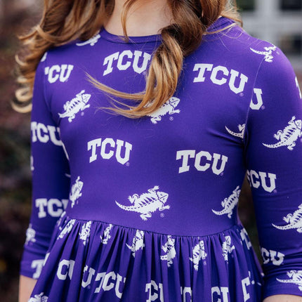 TCU Purple Frog 3/4 Sleeve Pocket Twirl Dress