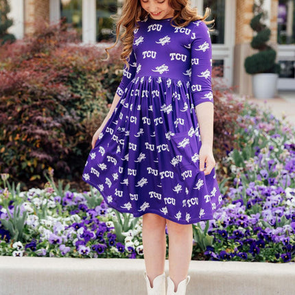 TCU Purple Frog 3/4 Sleeve Pocket Twirl Dress