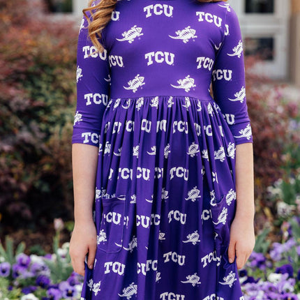 TCU Purple Frog 3/4 Sleeve Pocket Twirl Dress