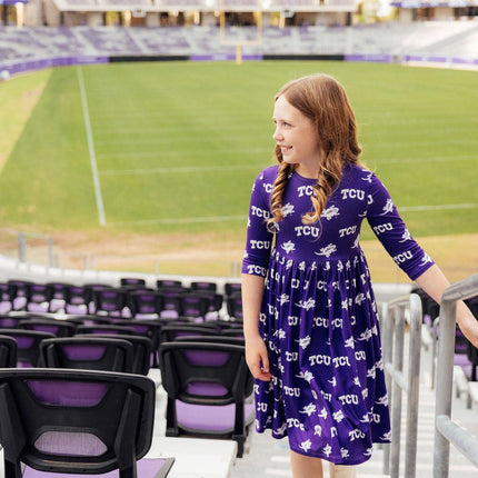 TCU Purple Frog 3/4 Sleeve Pocket Twirl Dress