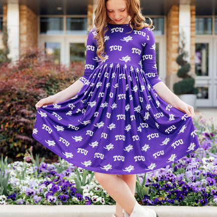TCU Purple Frog 3/4 Sleeve Pocket Twirl Dress
