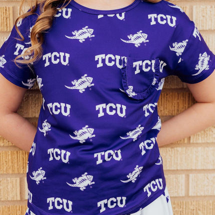TCU Purple Frog Ruffle Pocket Tee