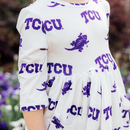 TCU White Frog 3/4 Sleeve Pocket Twirl Dress