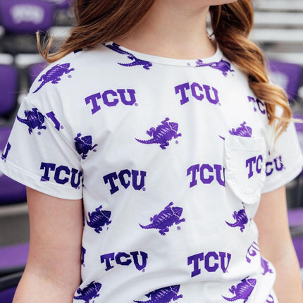 TCU White Frog Ruffle Pocket Tee