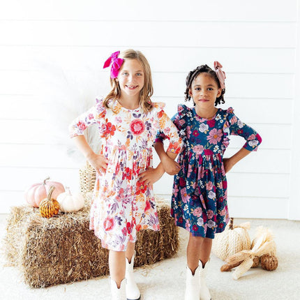 Tangerine Leaves 3/4 Sleeve Ruffle Twirl Dress