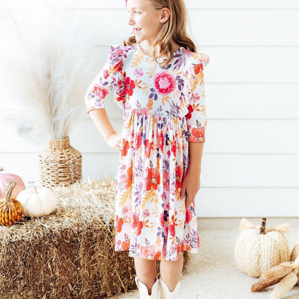 Tangerine Leaves 3/4 Sleeve Ruffle Twirl Dress