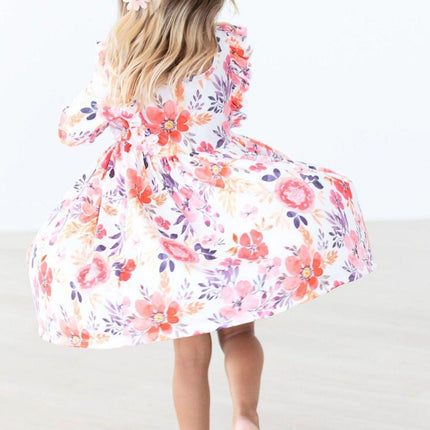 Tangerine Leaves 3/4 Sleeve Ruffle Twirl Dress