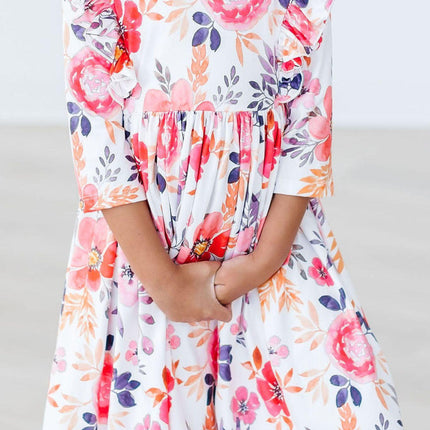 Tangerine Leaves 3/4 Sleeve Ruffle Twirl Dress