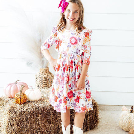 Tangerine Leaves 3/4 Sleeve Ruffle Twirl Dress