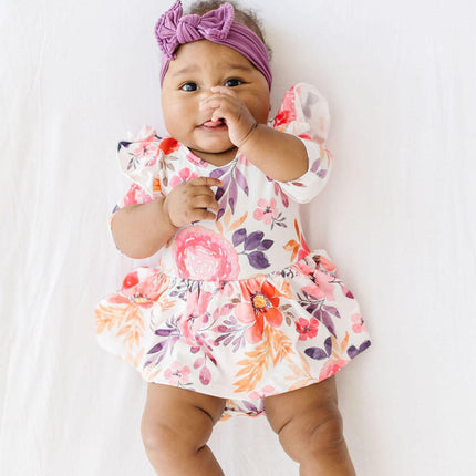 Tangerine Leaves 3/4 Sleeve Flutter Twirl Bodysuit