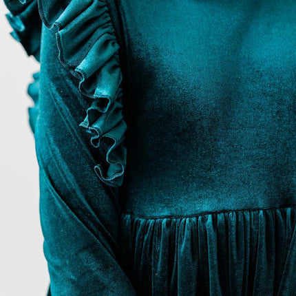 Teal Velvet Ruffle Twirl Dress