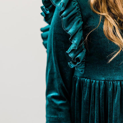 Teal Velvet Ruffle Twirl Dress