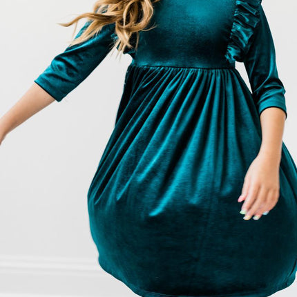 Teal Velvet Ruffle Twirl Dress