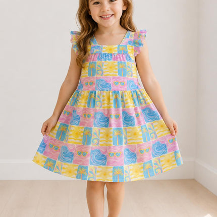 Tropical Summer Ruffle Cross Back Dress