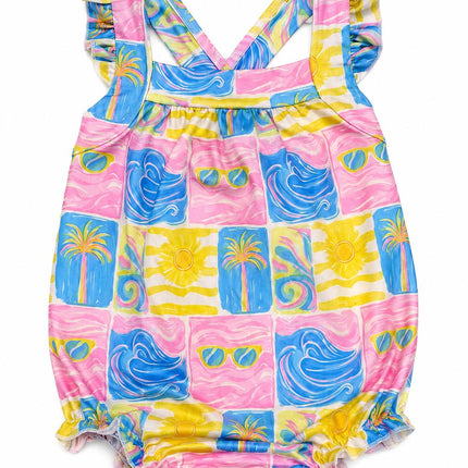Tropical Summer Ruffle Cross Back Romper