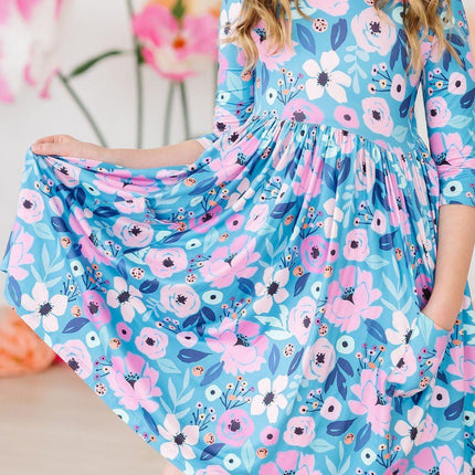 Twirling in Teal 3/4 Sleeve Pocket Twirl Dress