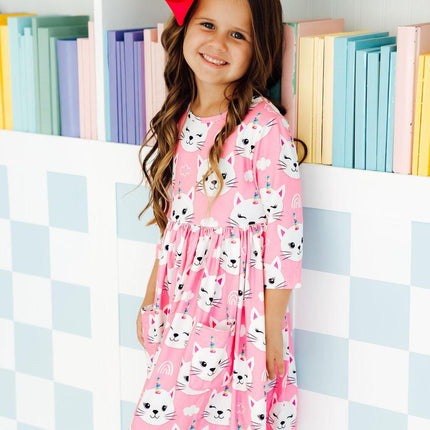 Unicorn Kitties 3/4 Sleeve Pocket Twirl Dress