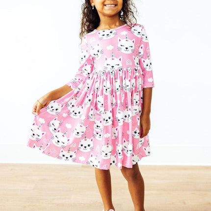 Unicorn Kitties 3/4 Sleeve Pocket Twirl Dress