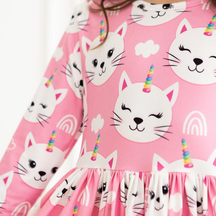 Unicorn Kitties 3/4 Sleeve Pocket Twirl Dress
