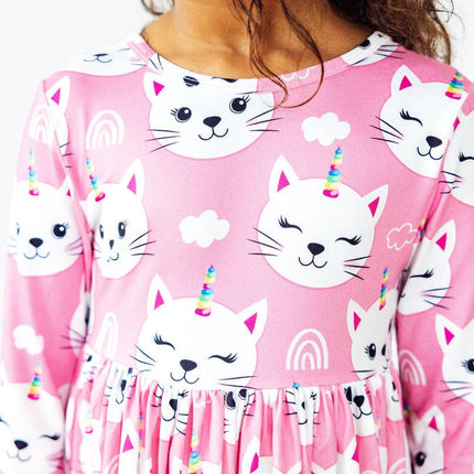 Unicorn Kitties 3/4 Sleeve Pocket Twirl Dress