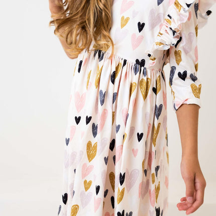 I Heart You 3/4 Sleeve Ruffle Twirl Dress